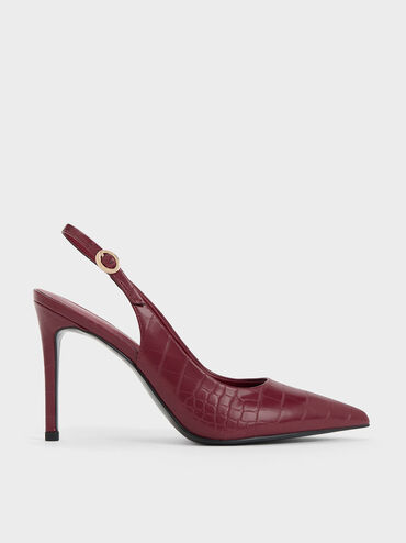 Croc-Embossed Stiletto Heel Slingback Pumps, Animal Print Burgundy, hi-res