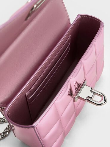 Metallic Square-Quilted Chain-Handle Bag, Pink, hi-res