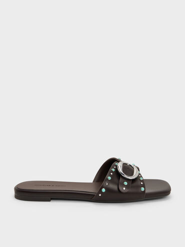 Studded Buckled Slide Sandals, Dark Brown, hi-res