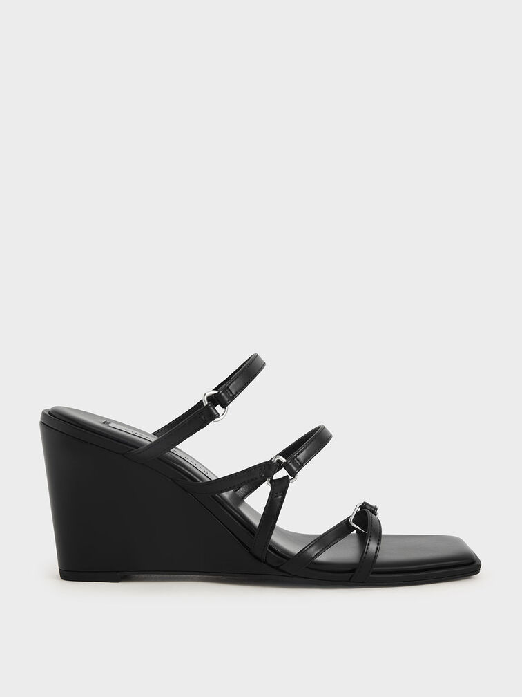 Strappy Wedge Mules, Black, hi-res