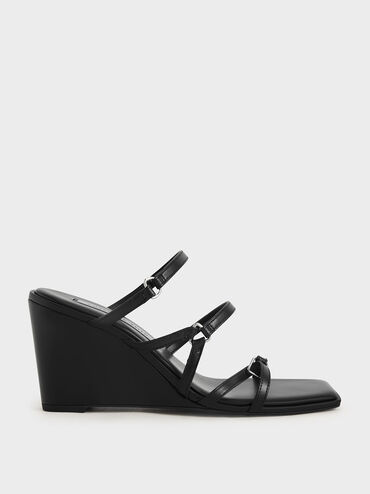 Strappy Wedge Mules, Black, hi-res