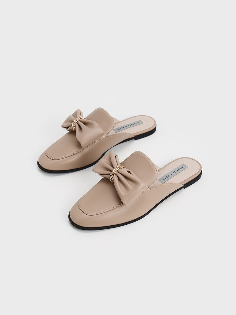 Chain-Link Bow Loafer Mules, Beige, hi-res