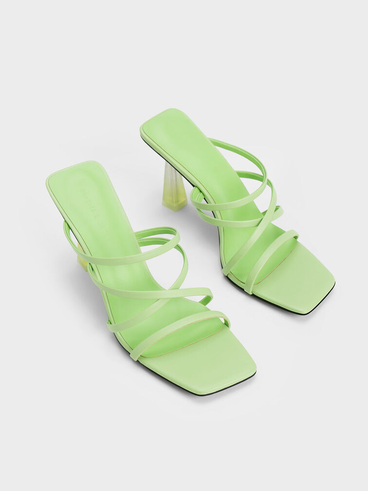 Transparent Heel Strappy Mules, Green, hi-res