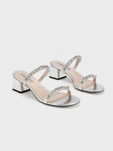 Chain-Link Block Heel Sandals, Silver, hi-res