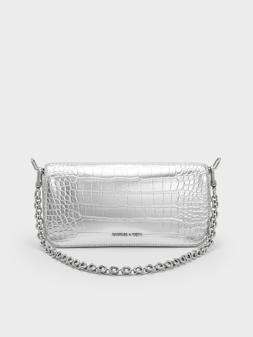 Metallic Croc-Effect Chain-Handle Shoulder Bag, Silver, hi-res