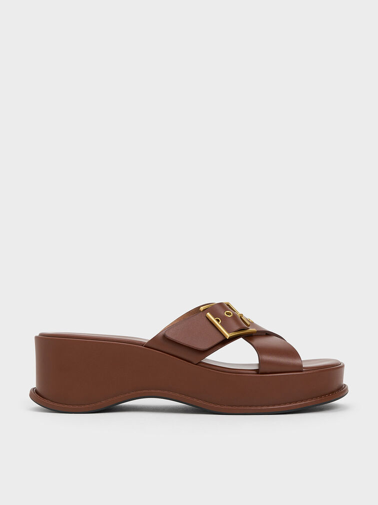 Buckled Crossover Curved Platform Sandals, Cognac, hi-res