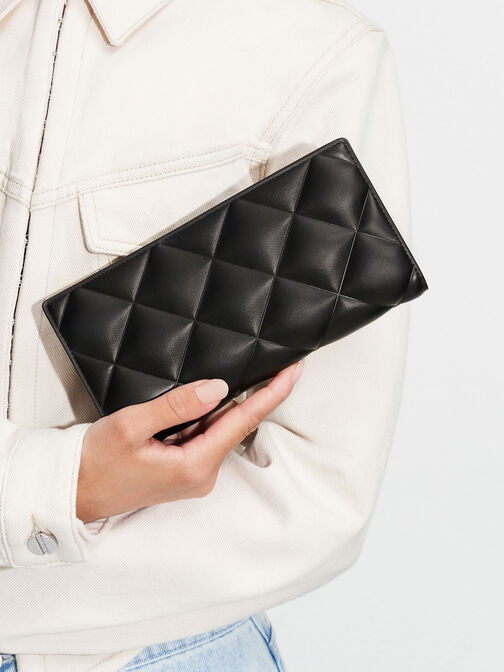 Danika Quilted Long Wallet, Black, hi-res