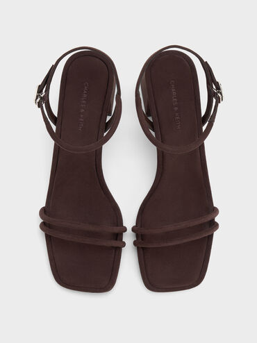 Faux Suede Strappy Trapeze-Heel Sandals, Dark Brown Textured, hi-res