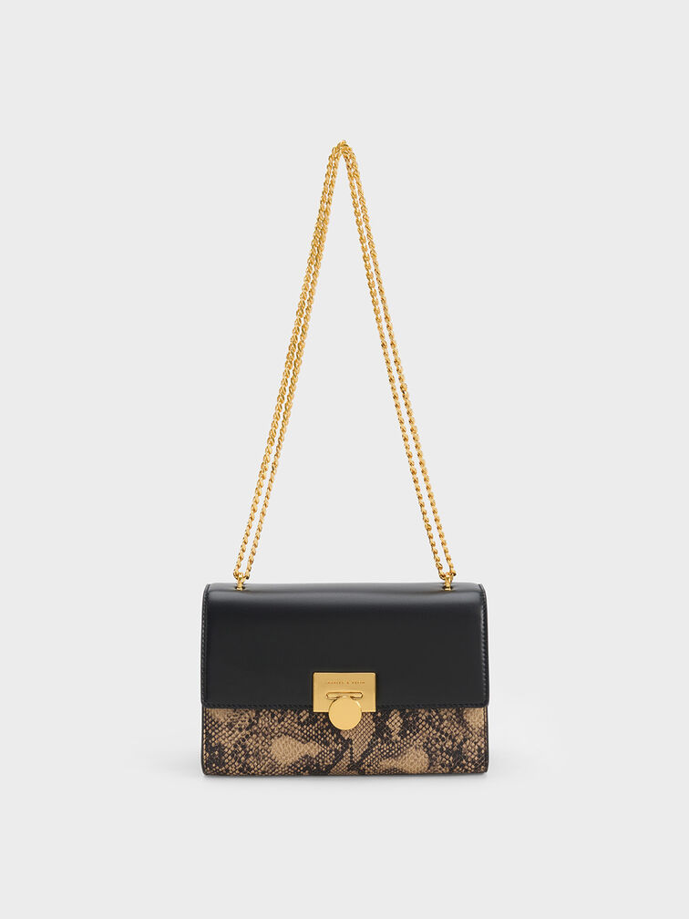 Snake Print Metallic Accent Clutch, Beige, hi-res