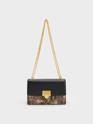 Snake Print Metallic Accent Clutch, Beige, hi-res