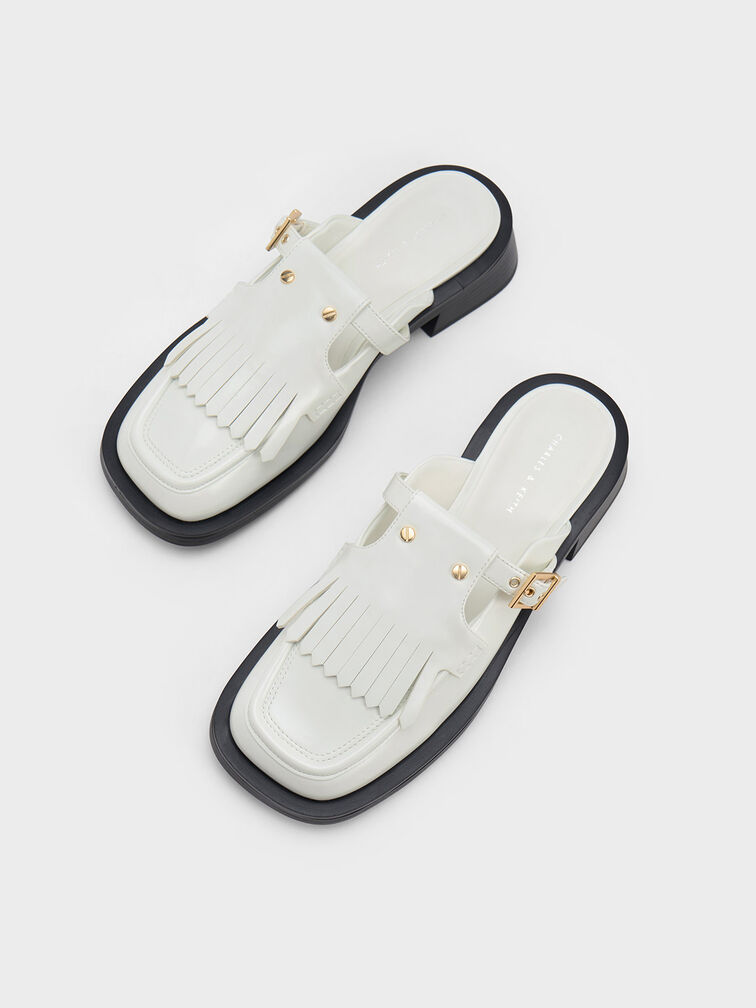 Studded Cut-Out Fringe Mules, White, hi-res