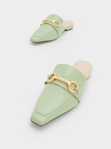 Metallic Accent Tapered Flat Mules, Sage Green, hi-res