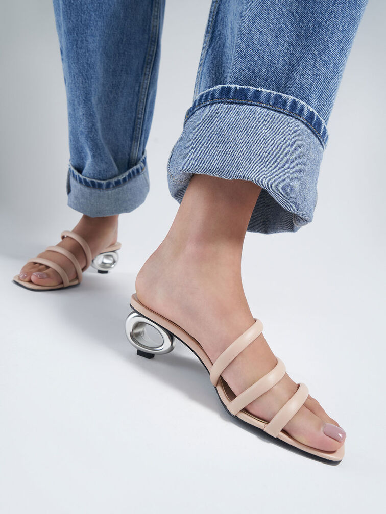 Sculptural Heel Tubular Mules, Nude, hi-res
