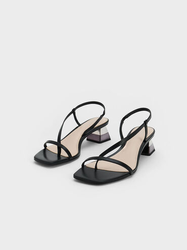 Metallic Trapeze Heel Thong Sandals, Black, hi-res