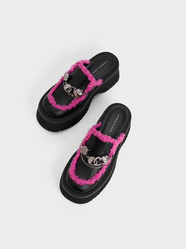 Lotso Fur-Trim Embellished Platform Mules, Black Textured, hi-res