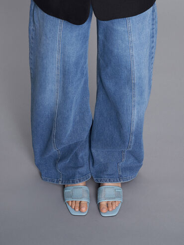 Mesh Knitted Slide Sandals, Blue, hi-res