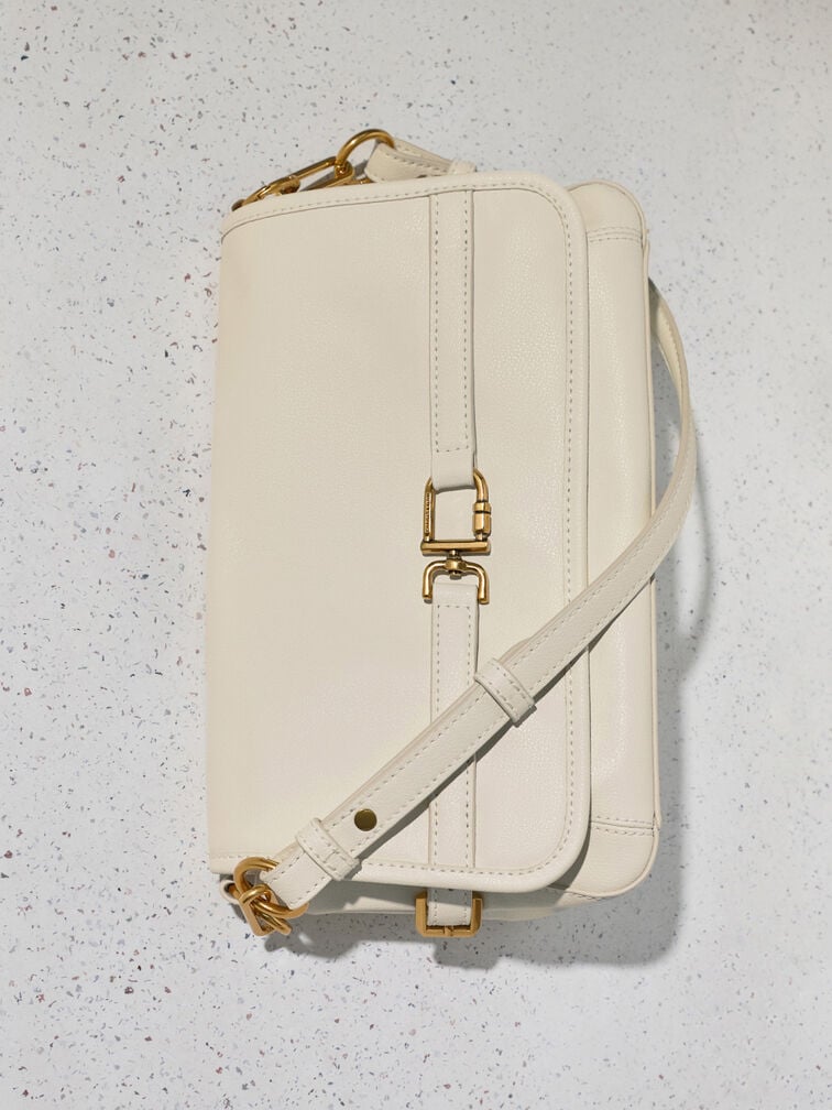 Gwynne Metallic-Buckle Belted Shoulder Bag, Cream, hi-res