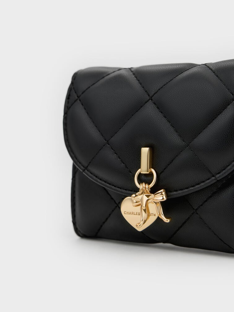 Arrietty Quilted Bow-Heart Charm Curved-Flap Wallet, Black, hi-res