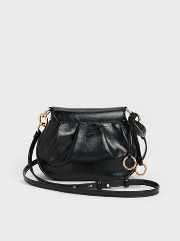 Britton Crinkle-Effect Ruched Saddle Bag, Black, hi-res