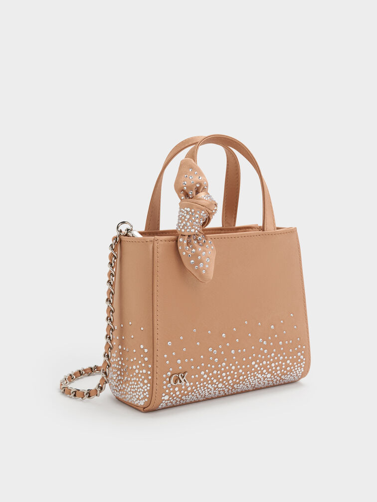 Mini Albany Leather & Satin Crystal-Embellished Knot-Bow Bag, Nude, hi-res