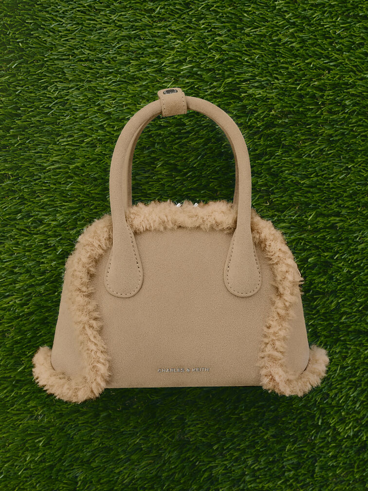 Nelly Recycled Suede & Faux Shearling Bowling Bag, Nutmeg Beige, hi-res