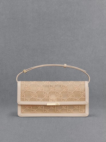 Mesh & Leather Monogram Shoulder Bag, Beige, hi-res