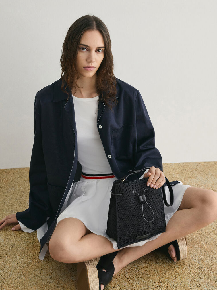 Ida Knitted Bucket Bag, Black, hi-res