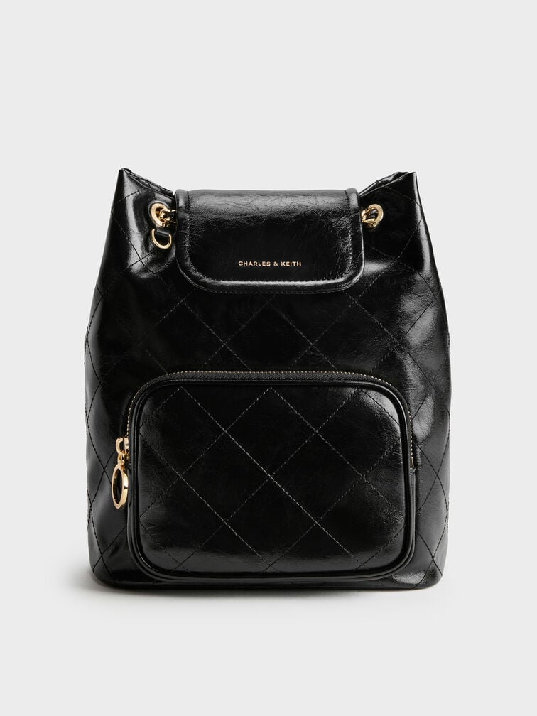 Apfra Quilted Front-Flap Bucket Bag, Black, hi-res