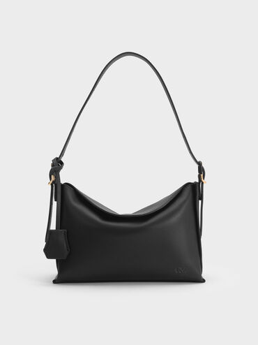 Leather Top-Flap Hobo Bag, Black, hi-res