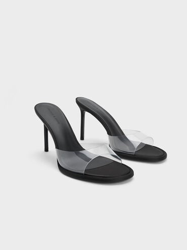 See-Through Cylindrical Heel Mules, Black, hi-res