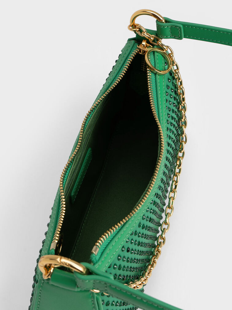 Crystal-Embellished Satin Shoulder Bag, Green, hi-res