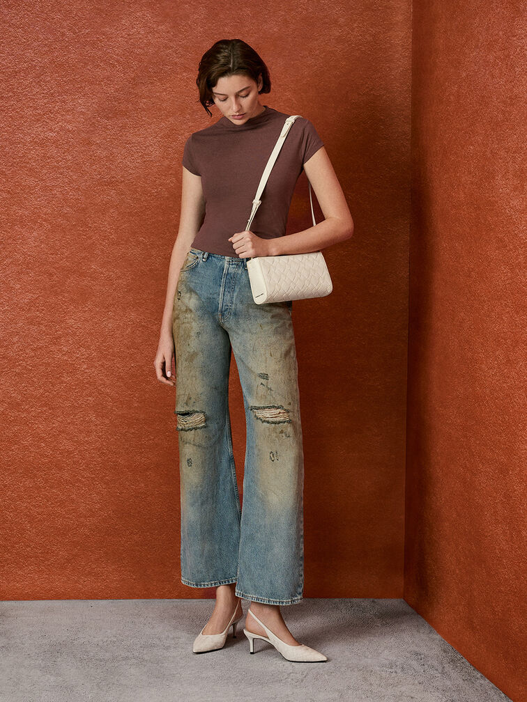Ivette Woven Elongated Shoulder Bag, Cream, hi-res