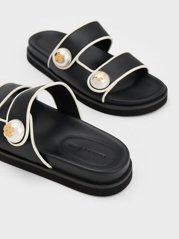 Aeryn Pearl Embellished Contrast-Trim Slides, Black, hi-res