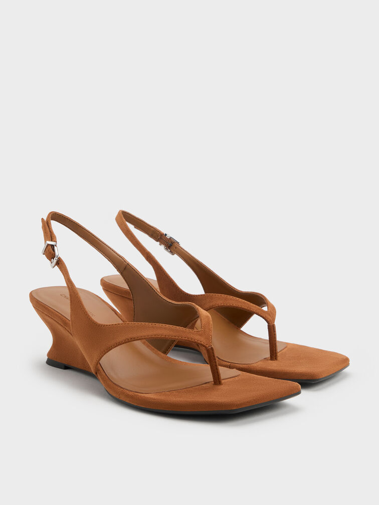 Faux Suede Slingback Thong Wedges, Cognac, hi-res