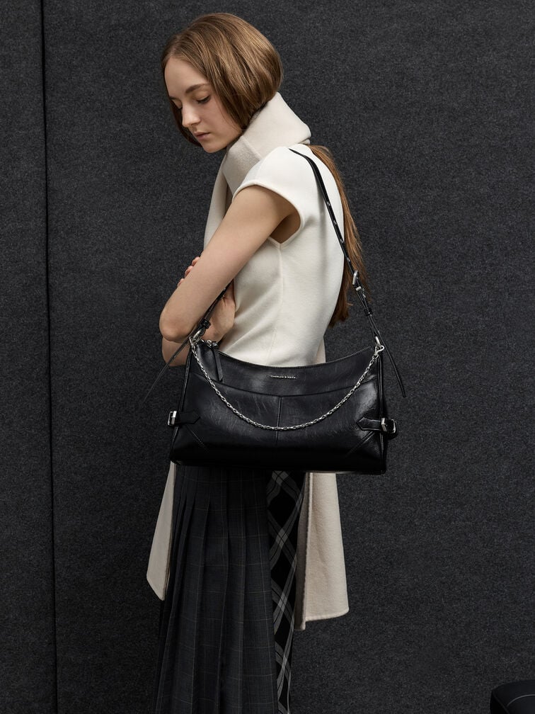 Antonella Chain-Strap Side-Buckle Shoulder Bag, Noir, hi-res