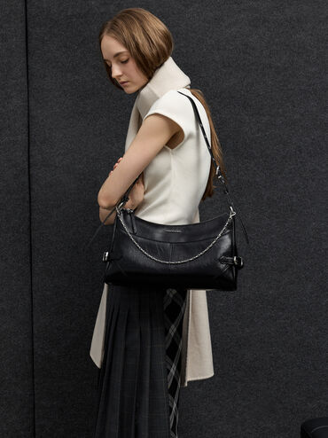 Antonella Chain-Strap Side-Buckle Shoulder Bag, Noir, hi-res