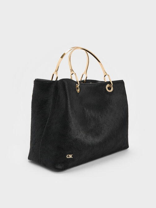 Pony Hair & Leather Ring-Handle Bag, Black, hi-res