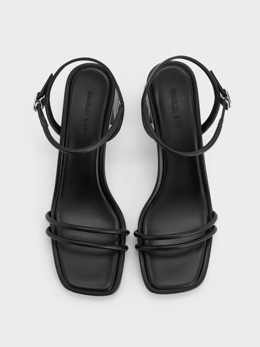 Strappy Trapeze-Heel Sandals, Black, hi-res
