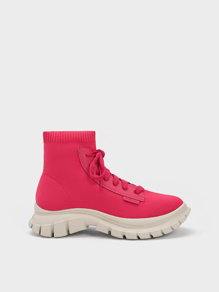 Knitted Sock High-Top Sneakers, Fuchsia, hi-res