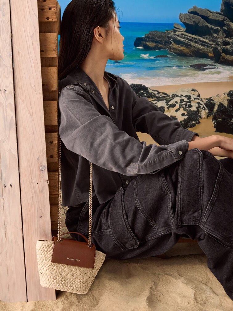 Shalia Raffia Chain-Strap Crossbody Bag, Natural Raffia, hi-res