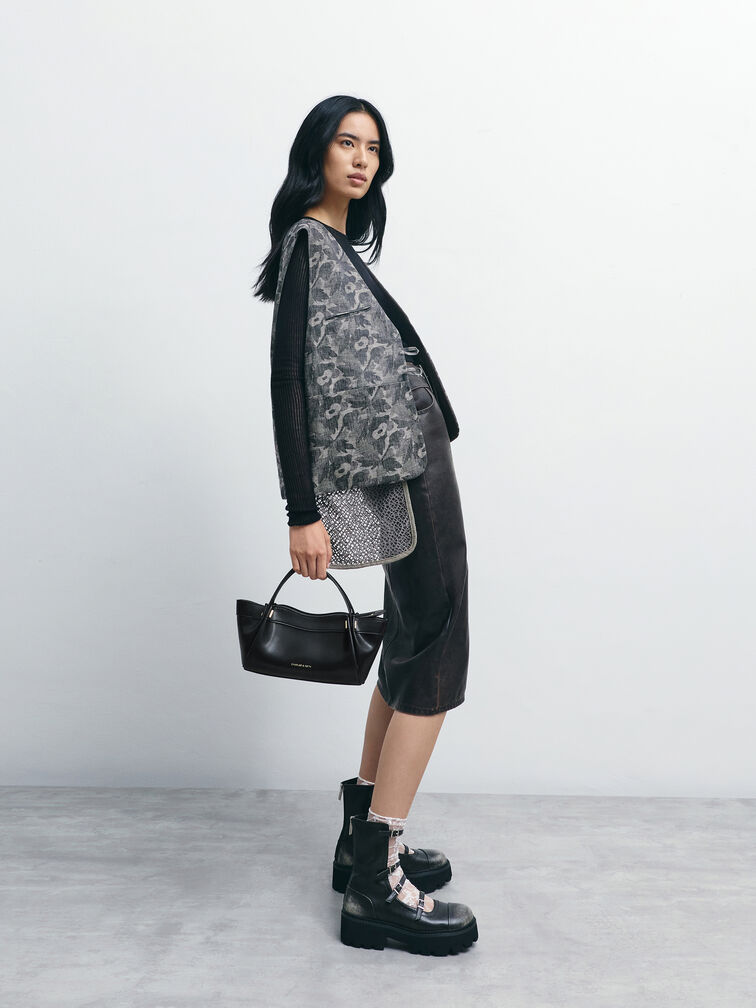 Clarice Pleated Double-Handle Tote Bag, Black, hi-res