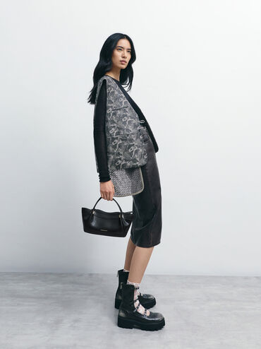 Clarice Pleated Double-Handle Tote Bag, Black, hi-res