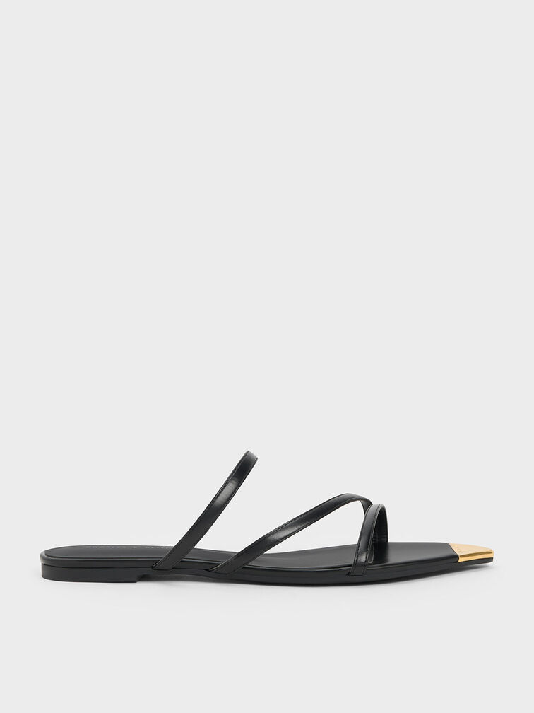 Metallic Cap Strappy Sandals, Black, hi-res