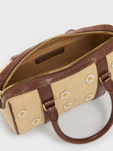 Philomena Raffia Flower Bowling Bag, Beige, hi-res
