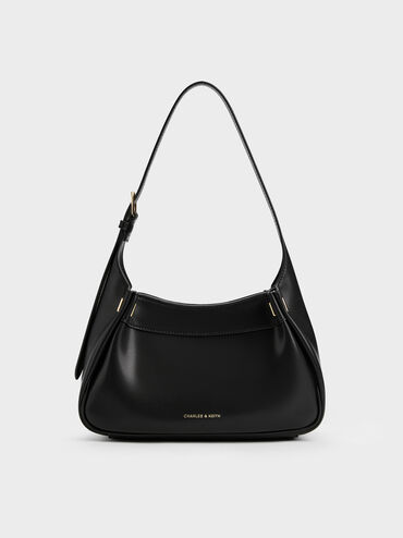 Clarice Pleated Shoulder Bag, Black, hi-res