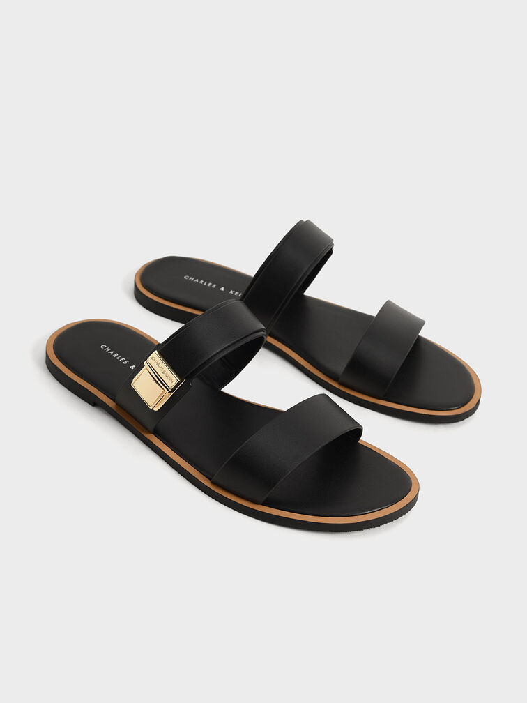Dove Metallic Buckle Slide Sandals, Black, hi-res