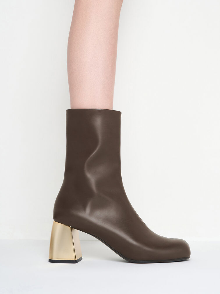 Metallic Block-Heel Ankle Boots, Brown, hi-res