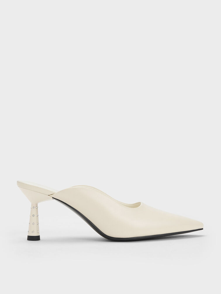 Embellished Cone Heel Mules, Cream, hi-res