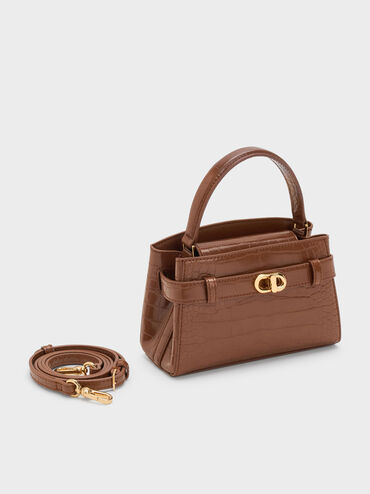Aubrielle Croc-Effect Top Handle Bag, Chocolate Croco, hi-res