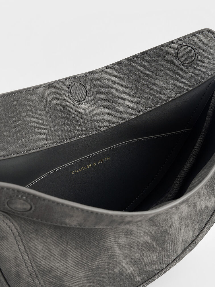 Denim Asymmetrical Saddle Bag, Dark Grey, hi-res